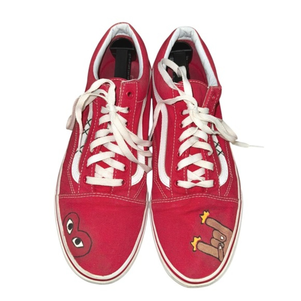 Vans Old Skool Sneakers Custom Red/White Heart Rock Hand‎ Pre-Owned Mens 12